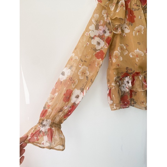 Walter Baker Womens Floral Ruffle Blouse S Metallic Sheer Cinch Waist Boho Fairy - Picture 5 of 9